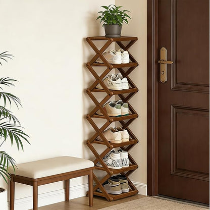 YYW Shoe Rack, Foldable Bamboo Shoes Shelf, Freestanding Shoe Storage Organiser for Entryway, Bedroom, Closet, Hallway, (Brown, 7 Layers, 25)