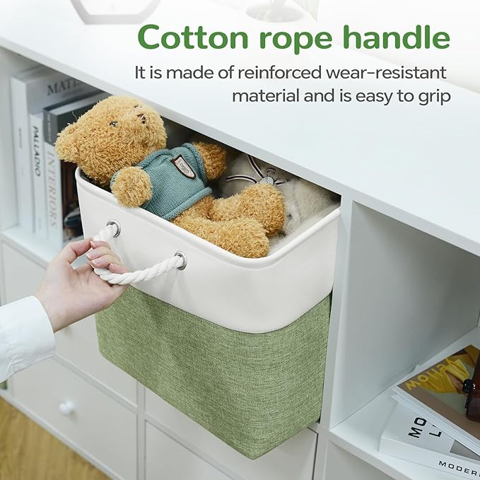 13 x 13 Inch Cube Storage Bins, 6 Pack Fabric Storage Basket with Handles, Foldable Boxes Organizer for Shelf Baskets for Home, Clothes (White/Green)