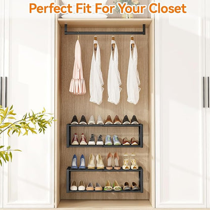 IBUYKE 2 Pack Wall Mounted Shoe Rack, 2-Tier 16"-29" Expandable Hanging Shoe Organizer for 12-16 Pairs, Space Saving Metal Wall Shoe Storage for Entryway Closet, Black TXJ001B-2