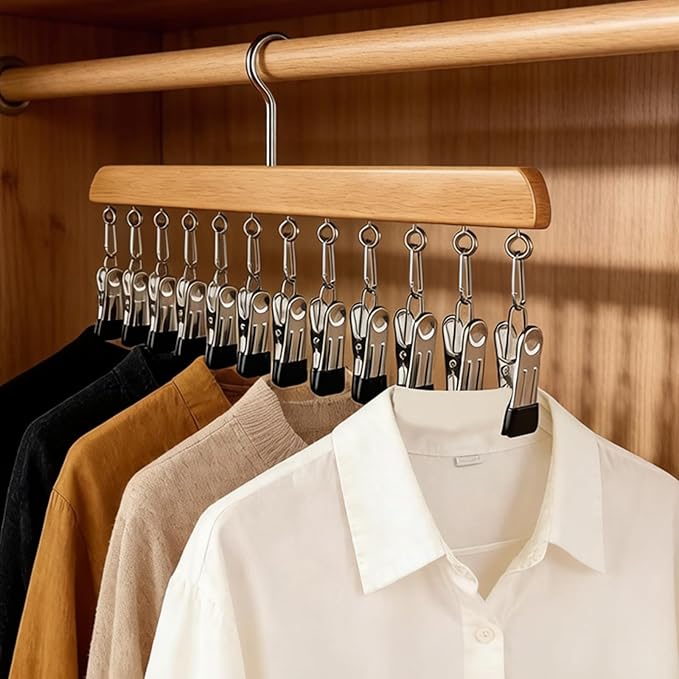 Closet Organizer with 10 Clips, 2 Pack Legging Organizer for Closet 10 Clips, Space Saving Hanging, Wooden, Multifunctional Storage for Clothes, Leggings, Sock, Jeans & More