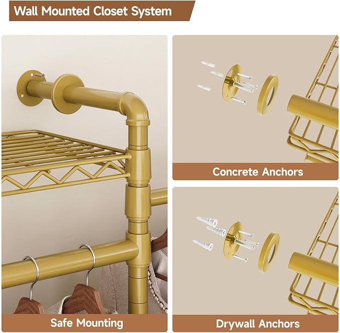 ComfyCorner Wall Mounted Garment Rack, Industrial Pipe Metal Clothing Rack with 6 Hanging Rods (4 Expandable) & 8 Shelves, Closet Organizers and Storage System for Bedroom, Walk in Closet
