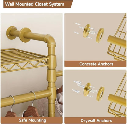 ComfyCorner Wall Mounted Garment Rack, Industrial Pipe Metal Clothing Rack with 6 Hanging Rods (4 Expandable) & 8 Shelves, Closet Organizers and Storage System for Bedroom, Walk in Closet