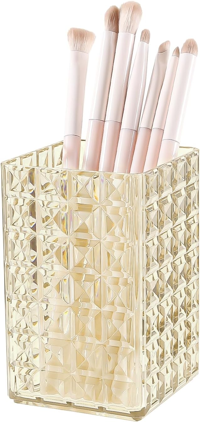 DASITON Makeup Brush Holder Organizer, Acrylic Makeup Brush Cup, Diamond Striped Make Up Brush Holder for Vanity, Bathroom Countertop, Toothbrush Holders, Pen Holder for Desk Storage (Yellow)