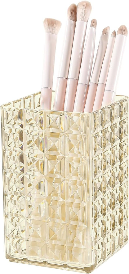 DASITON Makeup Brush Holder Organizer, Acrylic Makeup Brush Cup, Diamond Striped Make Up Brush Holder for Vanity, Bathroom Countertop, Toothbrush Holders, Pen Holder for Desk Storage (Yellow)