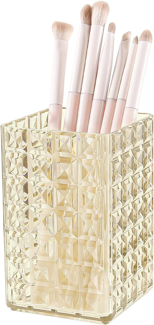 DASITON Makeup Brush Holder Organizer, Acrylic Makeup Brush Cup, Diamond Striped Make Up Brush Holder for Vanity, Bathroom Countertop, Toothbrush Holders, Pen Holder for Desk Storage (Yellow)