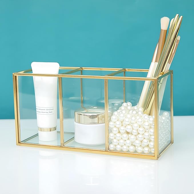 JIARI Gold 3-Compartment Desktop Organizer, Transparent Glass Makeup Brush Holder, 7.08x3.54x2.75 Inches Storage for Home Office and School Items (Gold-3 Slot)