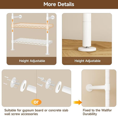 ONBRILL H4 Wall Mounted Closet System, Expandable Industrial Pipe Clothes Rack Clothing Rack for Hanging Clothes, Heavy Duty Closet Organizers and Storage in Wardrobe Closet - White