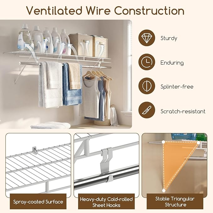COSTWAY Closet Shelves Wall Mounted, Closet Shelf with Hanging Rod, Ventilated Metal Wire Shelving Kit, Wire Wall Shelf for Laundry Room, Bedroom, Home, Mounting Accessories Included (4 ft x 12 in)