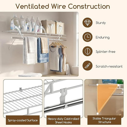 COSTWAY Closet Shelves Wall Mounted, Closet Shelf with Hanging Rod, Ventilated Metal Wire Shelving Kit, Wire Wall Shelf for Laundry Room, Bedroom, Home, Mounting Accessories Included (4 ft x 12 in)