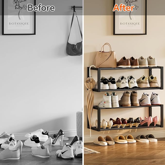 Homeiju Hanging Shoe Organizer,2 Pack Wall Mounted Shoe Rack Holds 12 Pairs,Space Saving Metal Wall Shoe Rack,Hanging Shoe Rack Shoe Holder for Small Space,Entryway,Closet,RV,Camper（Black