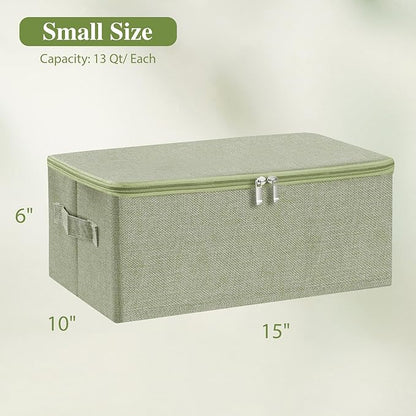 ANMINY 3PCS Storage Bins with Zipper Lids 13 Qt Lidded Fabric Storage Boxes Baskets Cubes with Handles Collapsible Washable Cotton Linen Closet Shelf Clothes Organizer Containers - Green, Small