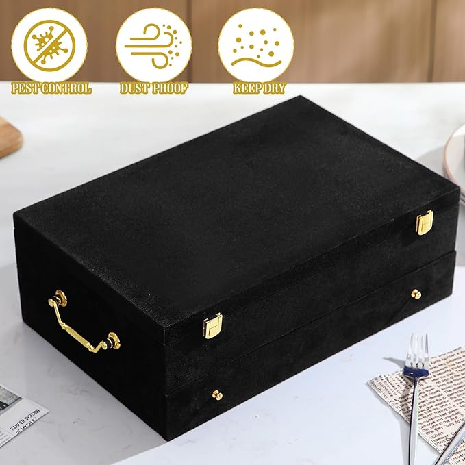 Pickmesh Silverware Case with Lid and Handle, Silverware Storage Box Sterling Silver Flatware Chest Without Silver Tarnish Proof Utensils Organizer for Kitchen Decor Wedding Gifts (Black,2 Layer)