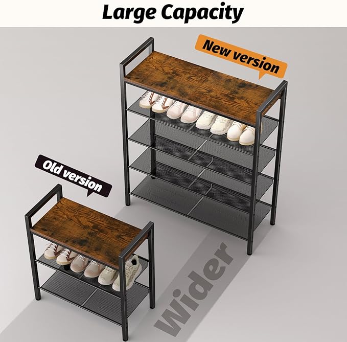 WIN4ALL Shoe Rack for Front Door Entrance, 5 Tier Shoe Rack for Entryway, 16-20 Pairs of Shoes, Metal Shoe Rack Organizer, Free Standing Shoe Rack for Closet (Black+Rustic Brown)