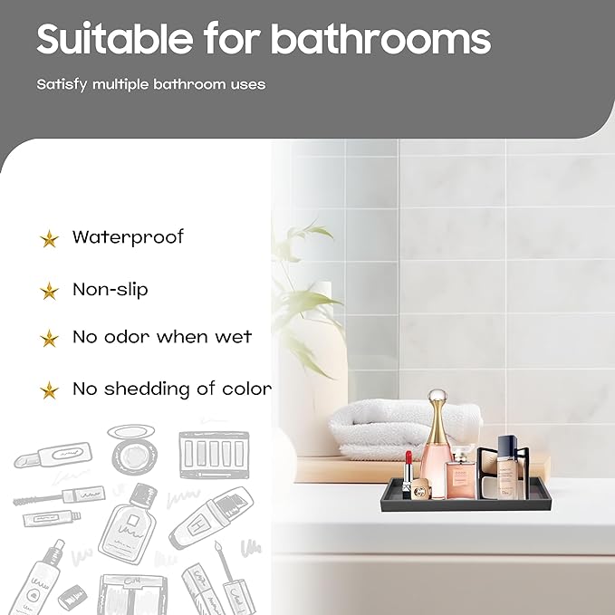 Vanity and Bathroom Tray, 7.7" ABS Countertop Organizer,Waterproof Vanity Tray for Toilet Tank,Perfume,Soap,Keys,Bathroom Accessories,Kitchen and Bath Trays,Non Slip Small Trays,Black