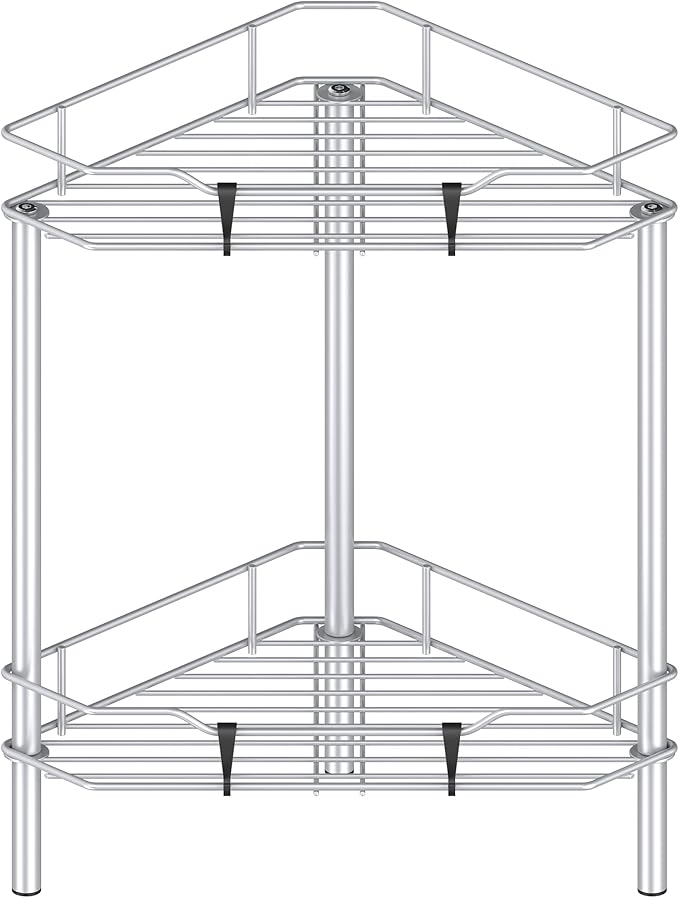 HuggieGems 2 Tier Floor Standing Corner Shower Caddy Organizer Shelf with Hooks, Bathroom Shelves Stand Rack, Silver