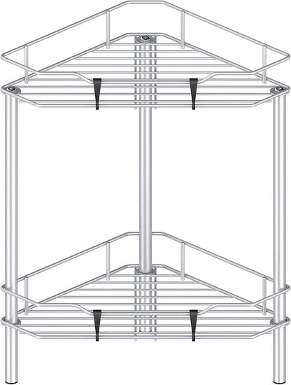 HuggieGems 2 Tier Floor Standing Corner Shower Caddy Organizer Shelf with Hooks, Bathroom Shelves Stand Rack, Silver