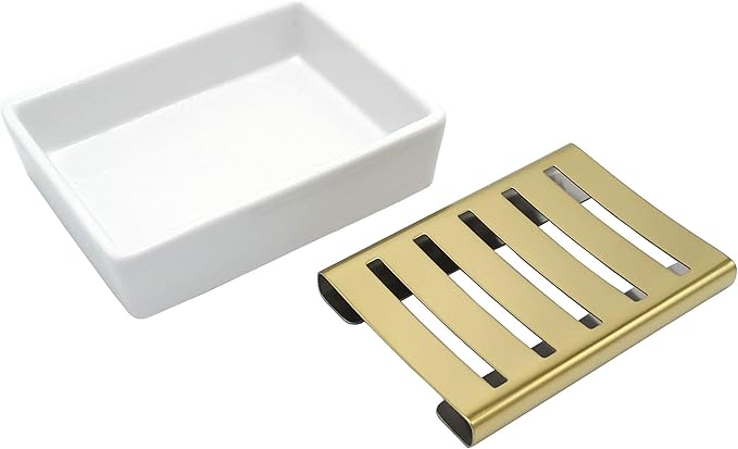 Ceramic Soap Dish Gold Stainless Steel Soap Holder for Shower and Bathroom Double Layer Draining Soap Box