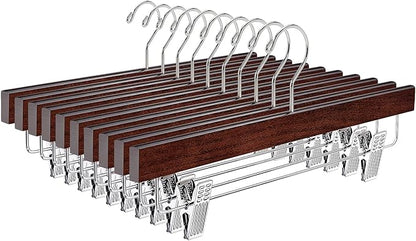 Amber Home 10 Pack Walnut Wooden Pants Hangers with Clips, 14" Wood Skirt & Trousers Hangers, Closet Hangers for Jeans, Slacks, Shorts, with 2-Adjustable Clips (Vintage, 10)
