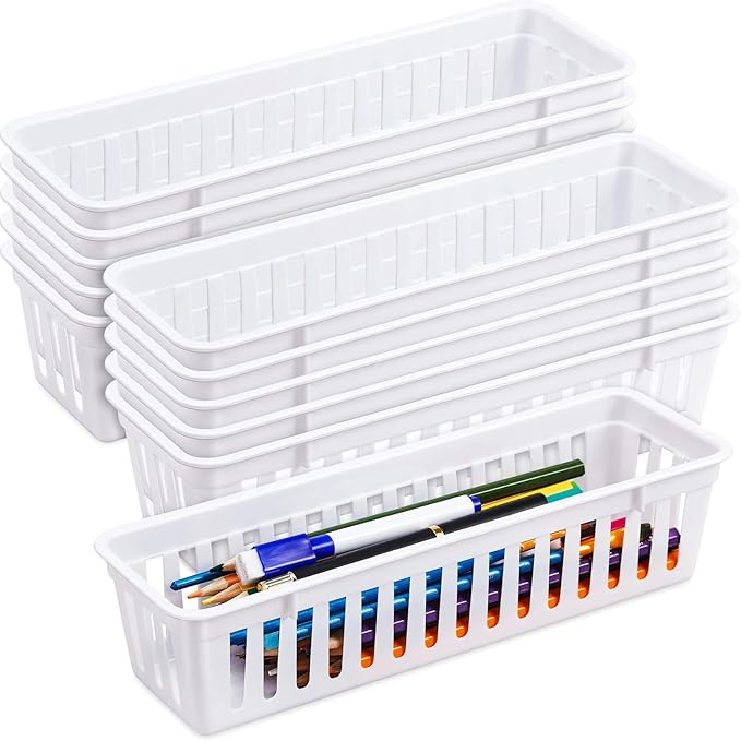 Domensi 12 Pack Slim Plastic Storage Baskets Tray for Organizing 10.25x3.25x2.5 Inch Small Narrow Storage Bins Stackable Drawer Pencil Trays Holder for Desk Garage Cabinet Container (White)