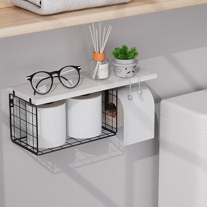 VITVITI Toilet Paper Holder with Shelf, Wall Mounted Toilet Paper Storage Basket, Wood Metal Toilet Roll and Wipes Holder for Bathroom Farmhouse (White)