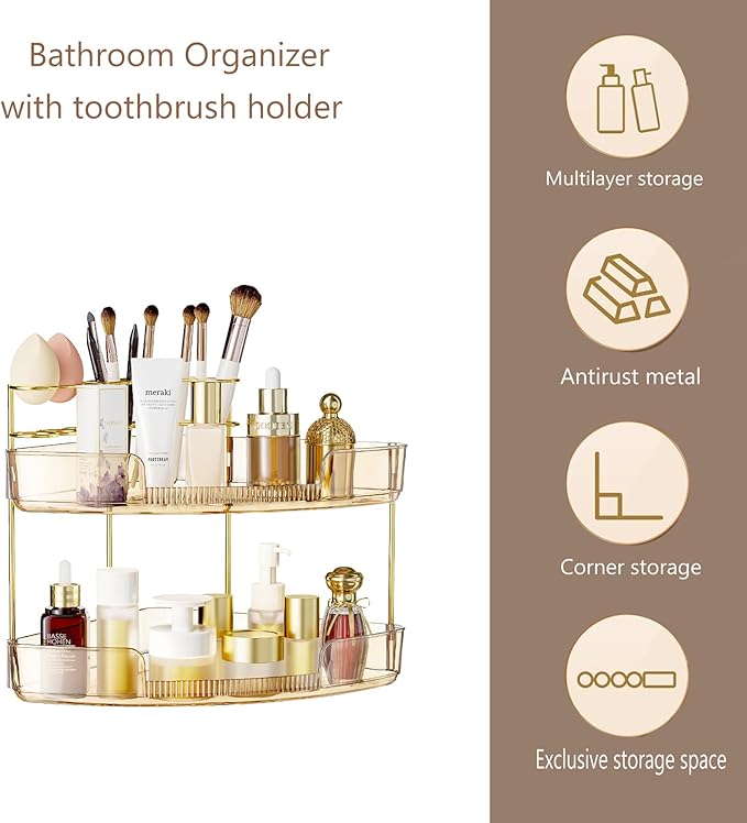 FELIZHOUSE 2-Tier Makeup Organizer for Vanity & Bathroom Countertop – Acrylic Storage Shelf with Perfume Tray & Makeup Brush Holder, Tool-Free Installation, Design for Bathroom & Dresser - Amber