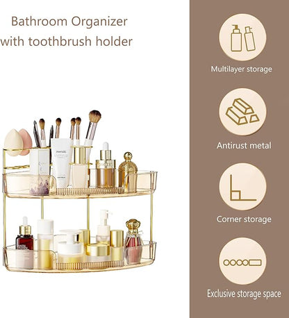 FELIZHOUSE 2-Tier Makeup Organizer for Vanity & Bathroom Countertop – Acrylic Storage Shelf with Perfume Tray & Makeup Brush Holder, Tool-Free Installation, Design for Bathroom & Dresser - Amber