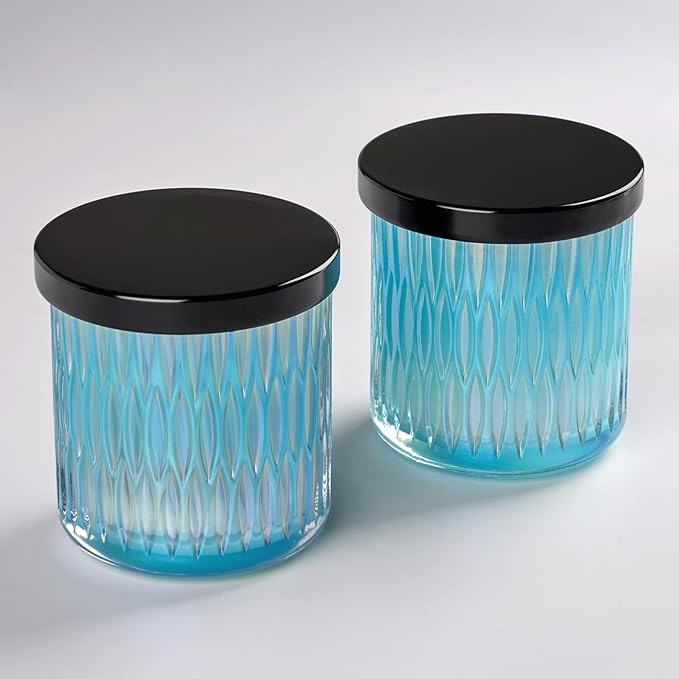 Qtip Holder for Bathroom set of 2, Clear Glass Apothecary Jars with Lids, Bathroom Canisters for Cotton Balls,Swabs,Floss Picks,Hair Ties,Vanity Organizer and Storage,Vintage Decor (Blue)