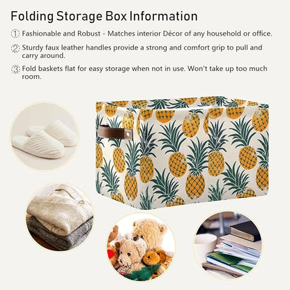 Large Storage Basket Pineapples Storage Bin Cube Canvas Fabric Organizer Handles Collapsible for Clothes Toys Bedroom Decorative