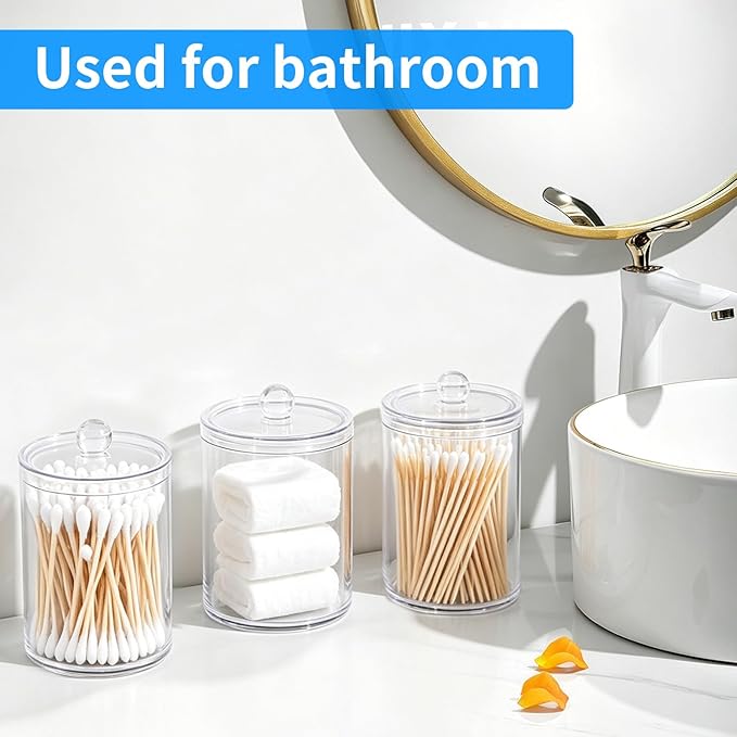 3 Pack Acrylic Qtip Holder Dispenser, for Cotton Ball, Swab, Round Pads and Floss, Small Clear Bathroom Storage Jars for Makeup Counter, Vanity Accessories