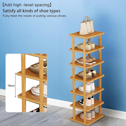 Vertical Shoe Rack, Wood Narrow Shoe Rack, Small Shoe Organizer, Space Saving Corner Shoe Shelf, Tall Shoe Tower, Free Standing Shoe Rack for Entryway, Closet, No-Tool Need 7 Tiers