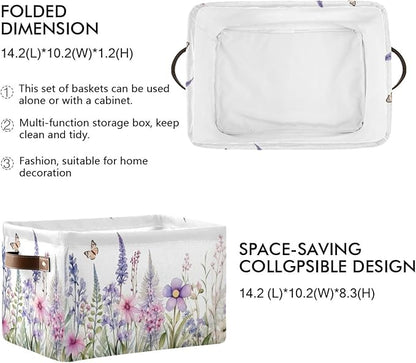 YETTASBIN Herbal Wildflowers Storage Basket 1pc, Large Collapsible Toys Clothes Organizer, Durable Canvas Storage Bin with Handle for Shelves Closet Laundry Home Office Decor