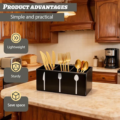 Black Acrylic Cutlery Storage Organizer,Plastic Silverware Holder,Silverware Caddy 3 Section Tableware Plastic Holder for Kitchen Storage Indoor Outdoor Decoration Supplies