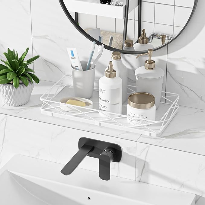 Lixple Toilet Paper Basket Holder, 13" Toilet Tank Tray, Wood and Metal Toilet Tray Vanity Organizer Bathroom Tray, Kitchen Sink Organizer for Soap Dispenser (White)