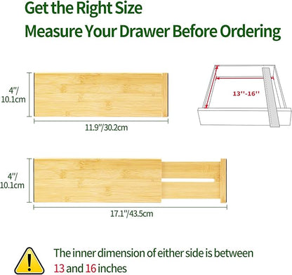 VaeFae 6 Pack Bamboo Drawer Dividers, 4" High Adjustable 11.9-17.1" Clothes Drawer Organizers, Expandable Separators for Bedroom/Bathroom/Kitchen/Office Storage