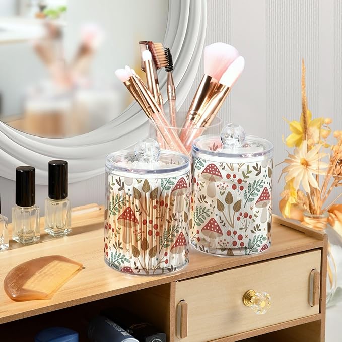 2 Pack Apothecary Jars Bathroom Mushroom Leaves Qtip Holder Dispenser Clear Plastic Storage Canister Jar with Lid for Cotton Ball, Cotton Swab