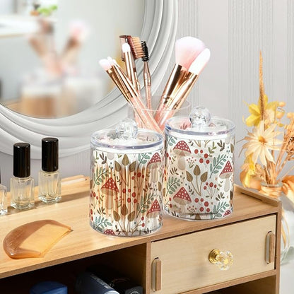 2 Pack Apothecary Jars Bathroom Mushroom Leaves Qtip Holder Dispenser Clear Plastic Storage Canister Jar with Lid for Cotton Ball, Cotton Swab