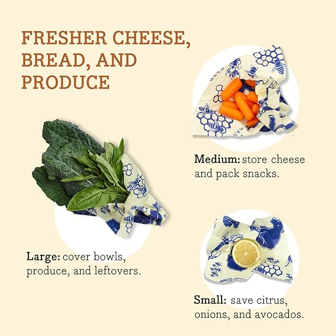 Bee's Wrap Beeswax Wraps for Food - 3 Pack of Assorted Beeswax Wraps - Small, Medium & Large Wrap - Plastic Free Made in USA Reusable Natural Food Wrap - Bees & Bears Print