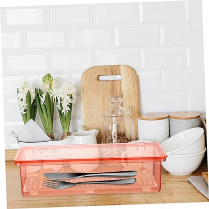 DOITOOL Spoon Organizer 2 Pcs Flatware Tray with Lid and Drainer- Black and Pink Transparent Plastic Silverware Holder- proof Silverware Tray for Drawer for Home Kitchen Accessories