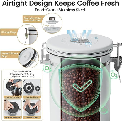 Veken Coffee Canister with Window, Airtight Stainless Steel Kitchen Food Storage Container with Lids, Date Tracker and Scoop for Grounds Coffee, Beans, Tea, Flour, Cereal, Sugar Jars, 22OZ, White