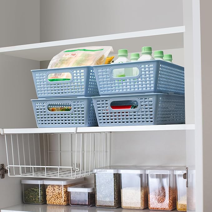 Tiawudi Stackable Woven Plastic Basket, Storage Bins for Cabinet, Closet, Shelf, Under Sink and Countertop, Pantry Organizer Bins, 6 Pack
