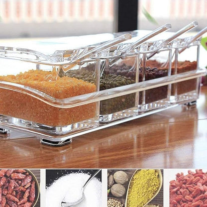 KPS Spice Storage Container Box, Crystal Seasoning box with 4 compartment and spoons, Acrylic seasoning Masala Box (pack of 1)