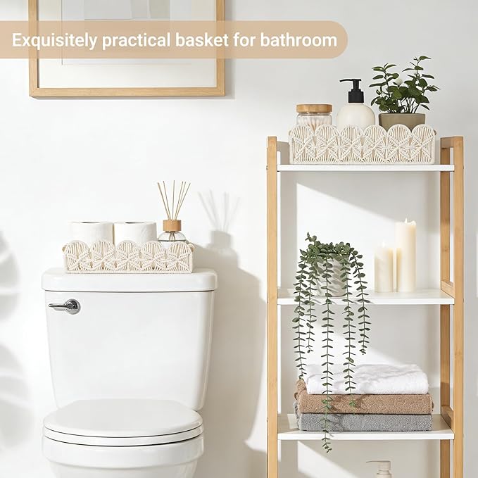 Mkono Macrame Storage Basket, Scalloped Edge Toilet Paper Basket Boho Woven Decor, Small Countertop Organizer with Handles for Shelf, Living Room, Bedroom, Home,Office, 2 Pack, Ivory