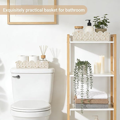 Mkono Macrame Storage Basket, Scalloped Edge Toilet Paper Basket Boho Woven Decor, Small Countertop Organizer with Handles for Shelf, Living Room, Bedroom, Home,Office, 2 Pack, Ivory