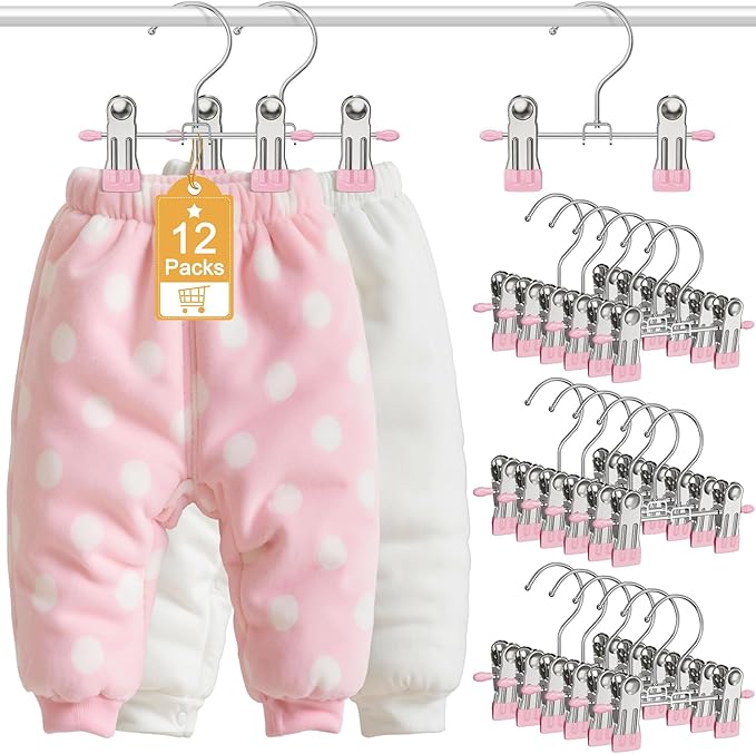 12 Pack Baby Hangers with Clips, 360°Rotatable Toddler Pant Hangers with Clips, Non-Slip Space Saving Kids Hanger for Newborn Children Clothes Skirts Boots Closet Organizers, Pink