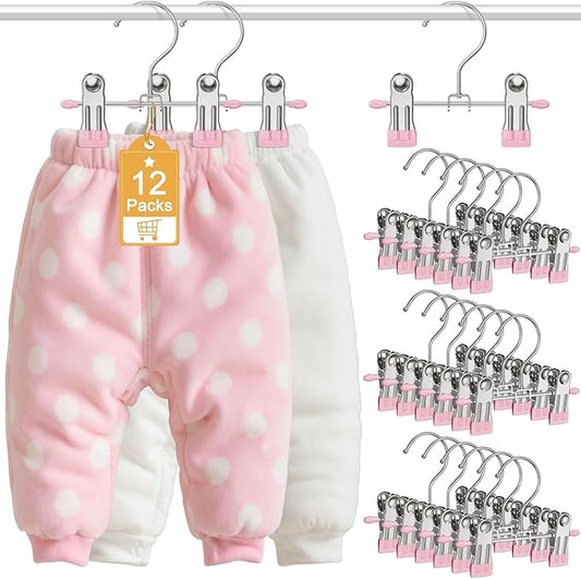 12 Pack Baby Hangers with Clips, 360°Rotatable Toddler Pant Hangers with Clips, Non-Slip Space Saving Kids Hanger for Newborn Children Clothes Skirts Boots Closet Organizers, Pink