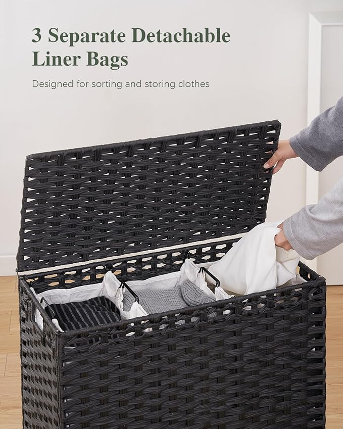SETVSON Laundry Hamper with Lid 132 L, (35 Gallons) Clothes Hamper with Lid, Handwoven Rattan Laundry Hamper with Metal Heightened Feet, Laundry Hampers with 3 Removable Liner Bags for Laundry-Black