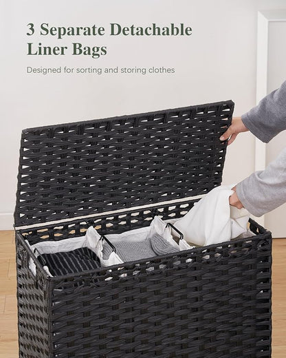 SETVSON Laundry Hamper with Lid 132 L, (35 Gallons) Clothes Hamper with Lid, Handwoven Rattan Laundry Hamper with Metal Heightened Feet, Laundry Hampers with 3 Removable Liner Bags for Laundry-Black