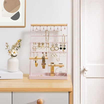 ProCase Jewelry Organizer Stand Necklace Organizer Earring Holder, 6 Tier Jewelry Stand Necklace Holder with 15 Hooks, Jewelry Tower Display Rack Storage Tree for Bracelets Earrings Rings -Pink