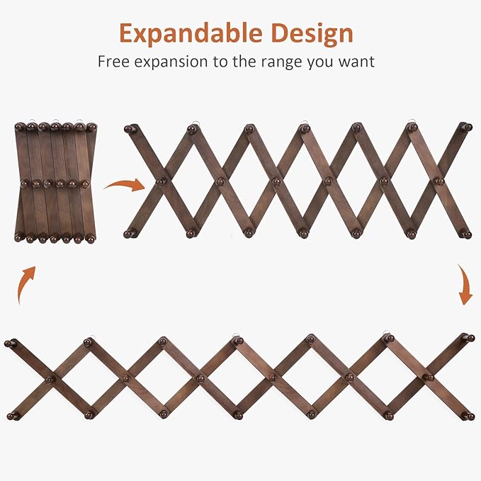 Accordion Wall Hanger, Hat Rack for Wall with 20 Coat Hooks, Expandable Hat Hangers Organizer, Vintage Decorative Coat Rack Wall Mount for Purse, Mug (Brown)