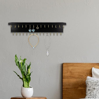 SANY DAYO HOME Black Necklace Holder Jewelry Organizer with 30 Hooks, 15 x 3 x 4 inches Wall Mount Rustic Pine Wood Shelf for Necklace, Hair Bow Storage